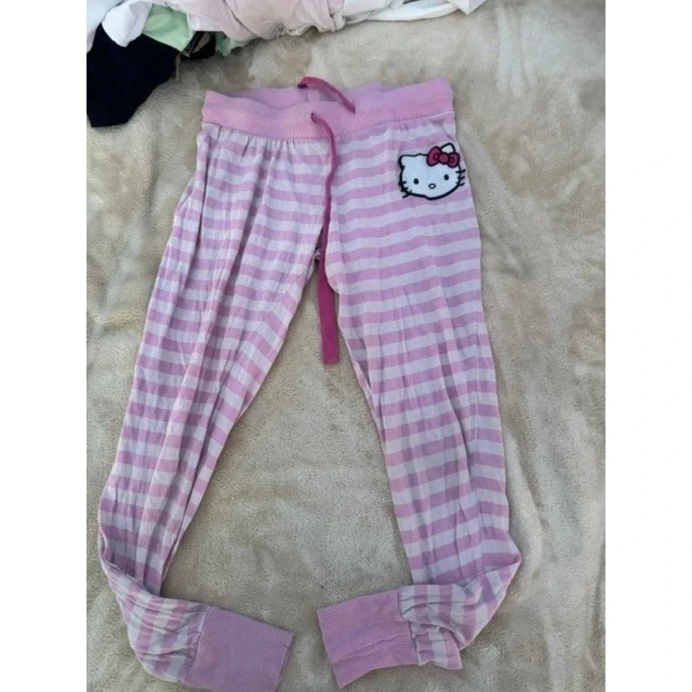 Sanrio Hello Kitty Pink White Striped Pajama Pants Kids Size XS Drawstring Cuffs